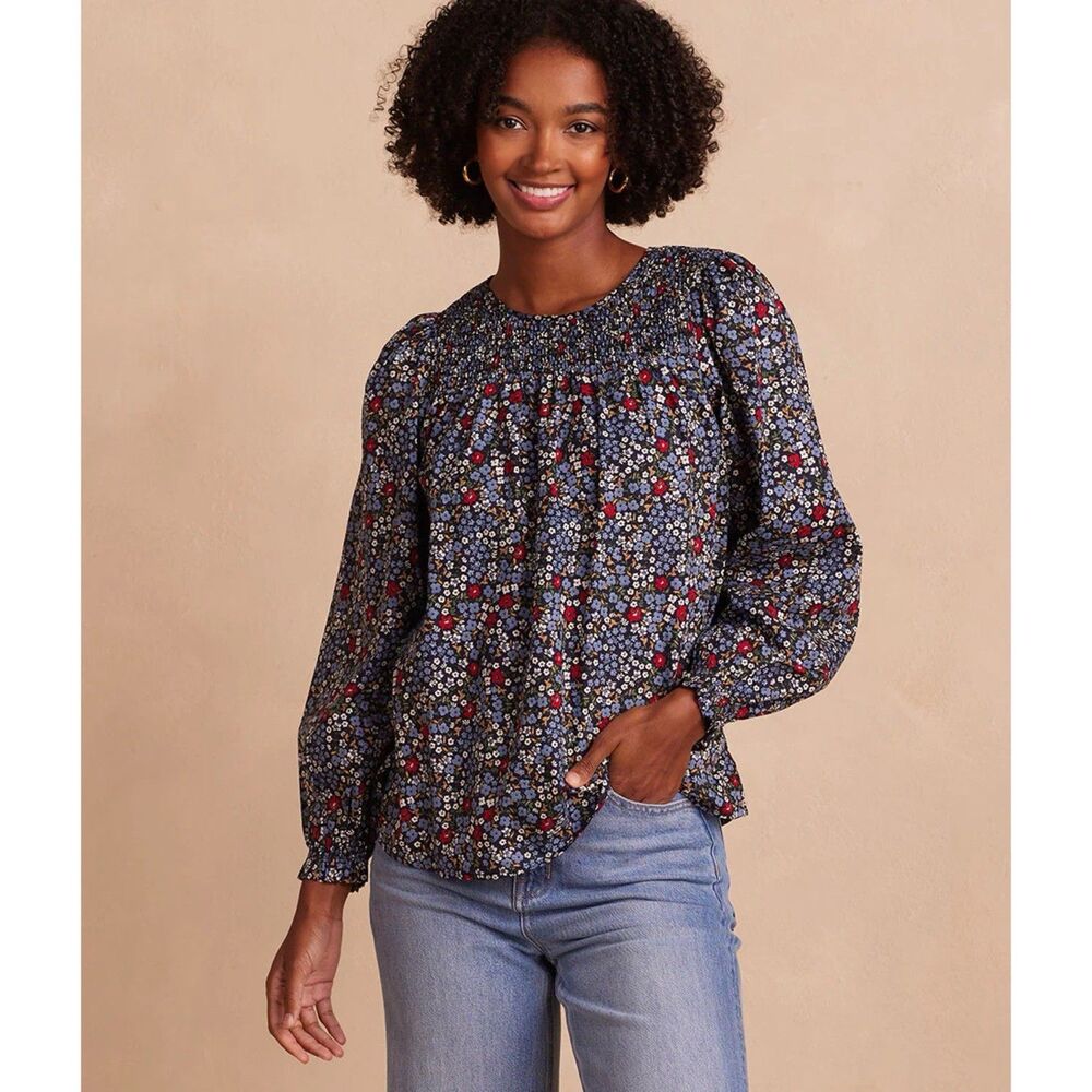 Summersalt The Perfect Smocked Cotton Top Outbloom in Midnight Floral Print XS